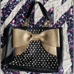 Betsey Johnson Polka Dot Zipper Tote with Gold Bow